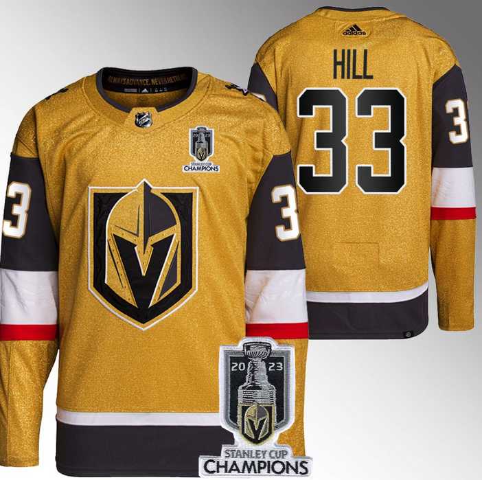 Men%27s Vegas Golden Knights #33 Adin Hill Gold 2023 Stanley Cup Champions Stitched Jersey